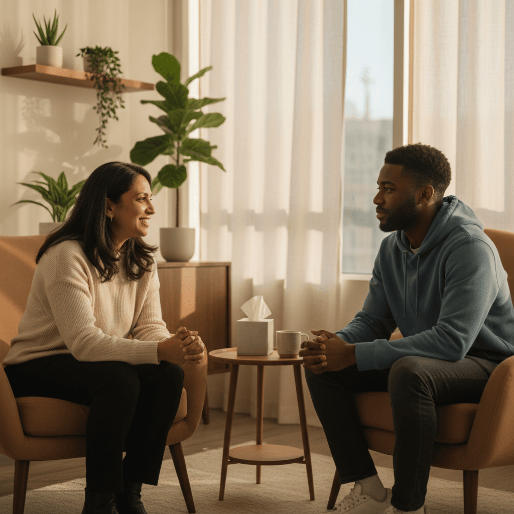 Counselor providing guidance to client in a safe, welcoming office setting