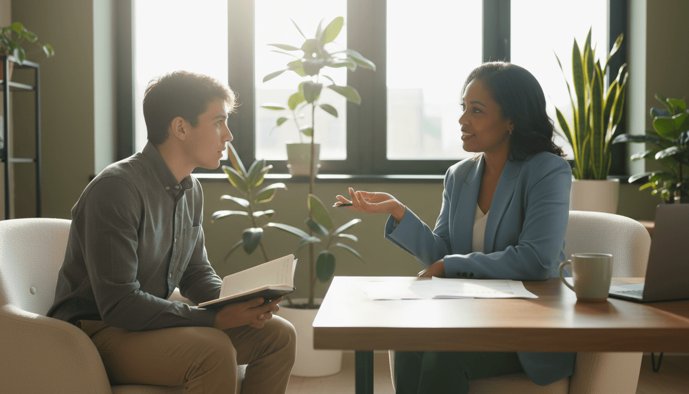 A supportive financial counselor meeting with a client in a warm, safe office setting